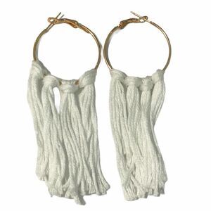 Boho Fringe Tassel Statement Earrings Hoop Tassels White Gold Tone Slip On Small